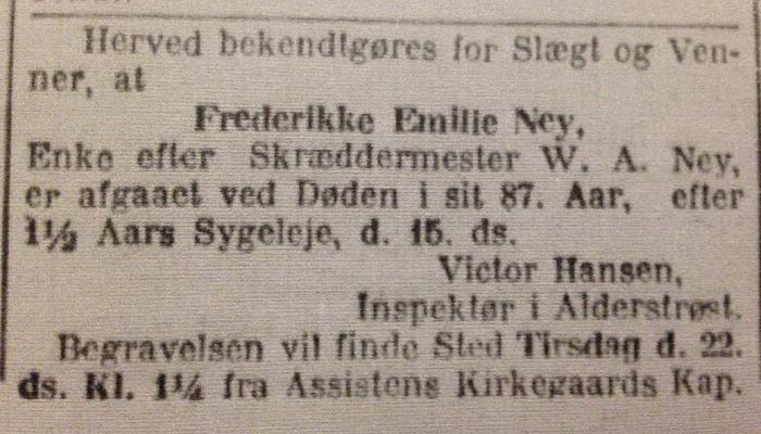 D&oslash;dsannonce for Wilhelm August Neys enke 1910